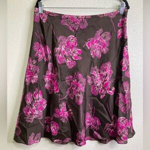 Ann Taylor Pink Brown Floral 100% Silk A-Line Knee-Length Skirt 12 Forest Fairy
